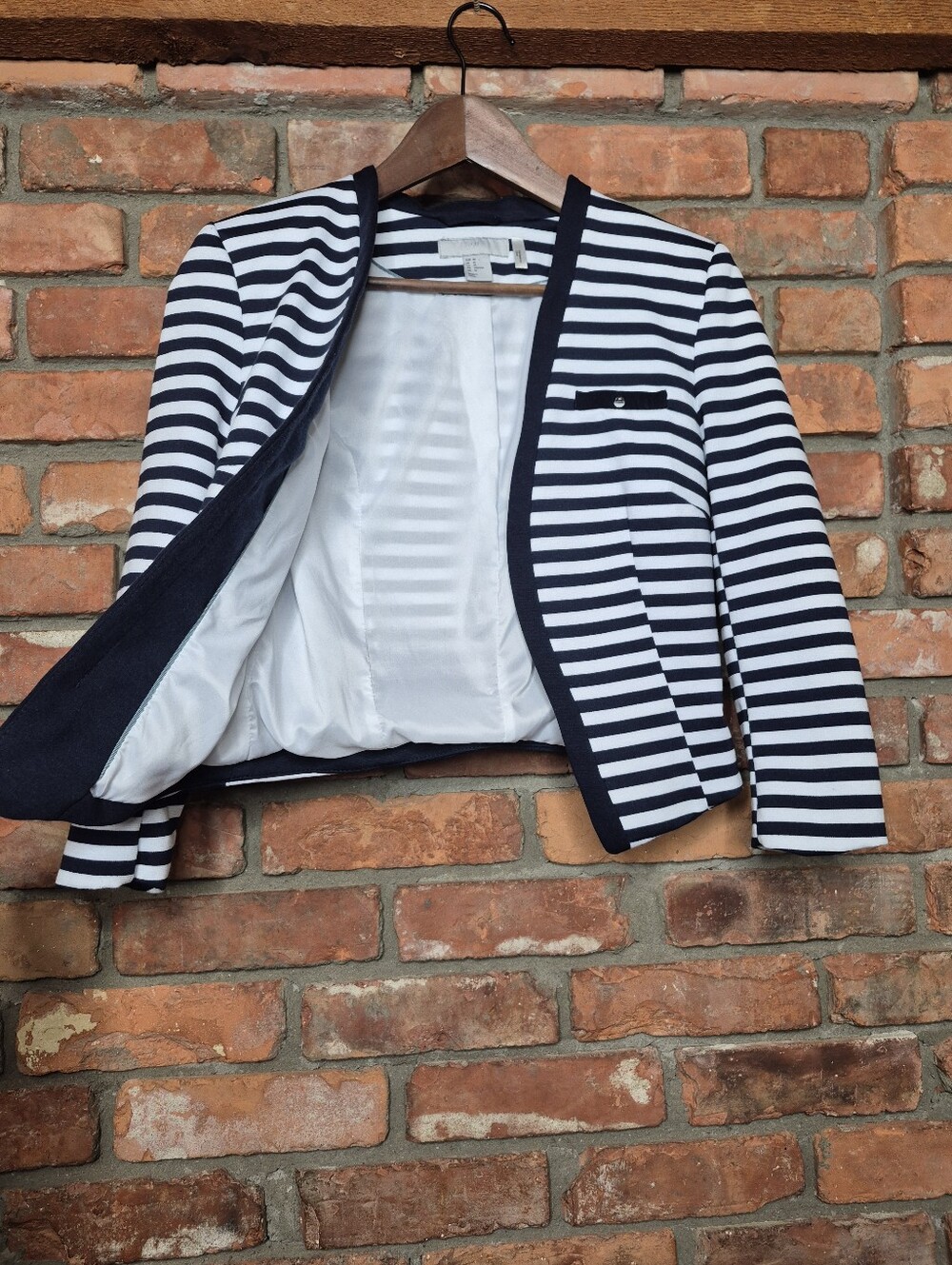 H&M Breton Stripe Cropped Blazer Nautical Open Front Tailored Structured Jacket - Picture 5 of 8